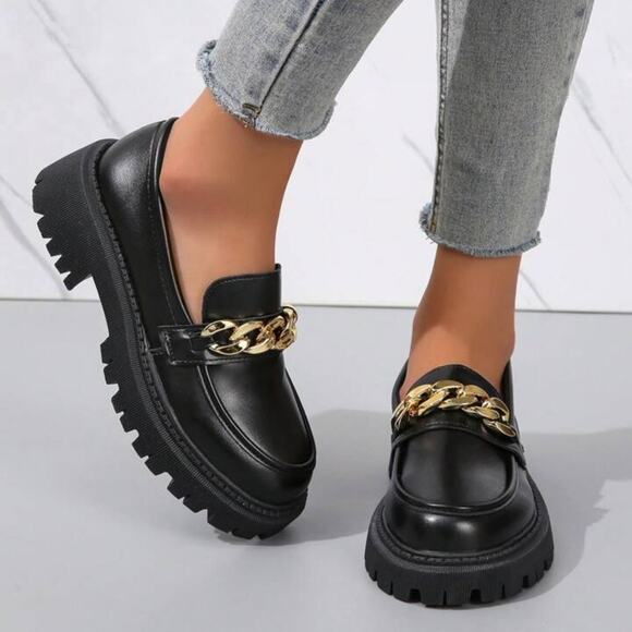 SHEIN Chain Decor Slip On Wedge Loafer Flatform Shoe Black sz 8 (CN40) - Picture 3 of 16